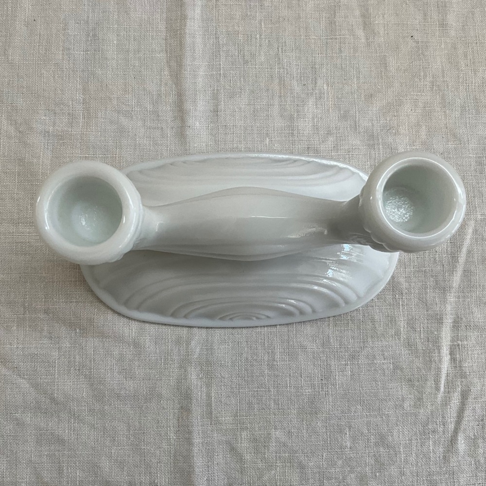 Vintage McKee Milk Glass Double Candlestick Art Deco Scrolled White Taper Holder - Picture 2 of 7